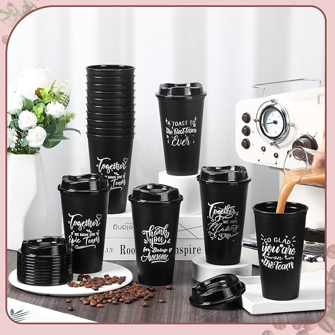 Pickmesh 30 Pcs Employee Appreciation Gifts Christmas Thank You Gift for Team Building 16 oz Teacher Plastic Coffee Cup with Lid Inspirational Travel Tumbler for Coworker Staff Pastor (Black)