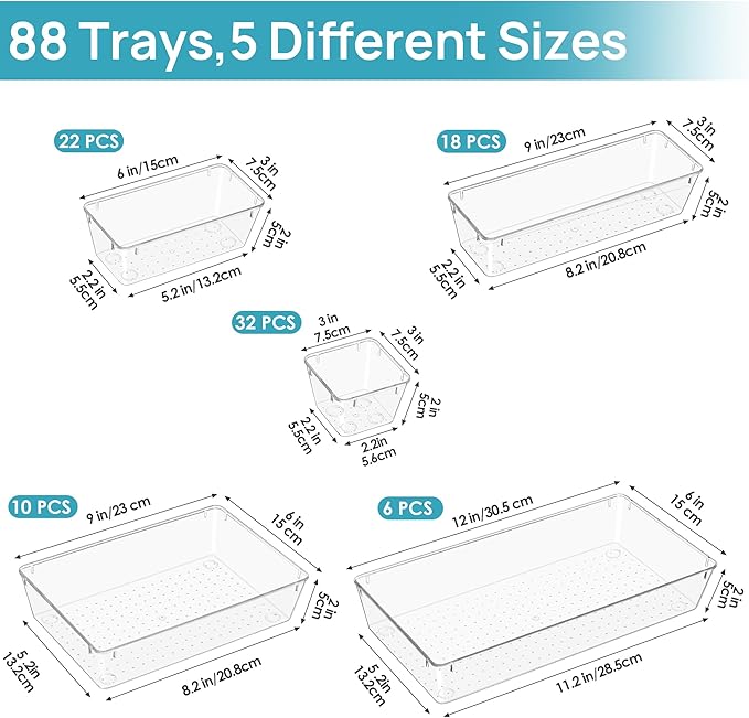 Vtopmart 88PCS Clear Plastic Drawer Organizers Set, 5-Size Versatile Bathroom Drawer Organizer Trays, Storage Bins for Makeup, Vanity, Kitchen Gadgets Utensils and Office