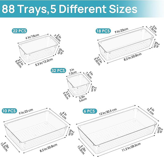 Vtopmart 88PCS Clear Plastic Drawer Organizers Set, 5-Size Versatile Bathroom Drawer Organizer Trays, Storage Bins for Makeup, Vanity, Kitchen Gadgets Utensils and Office