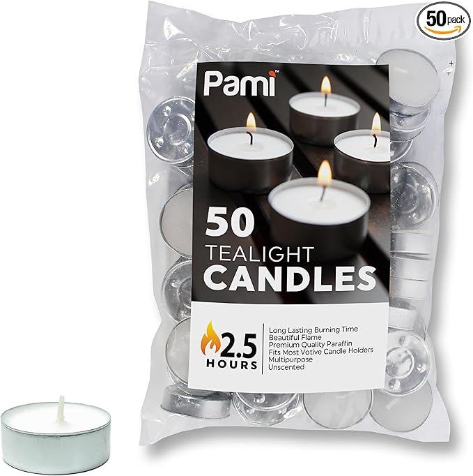 PAMI Unscented Paraffin 1in Tea Lights, Small Round Candles, 2.5 Hours Burn Time, Perfect for Votive Holders (50-Piece Bag White)