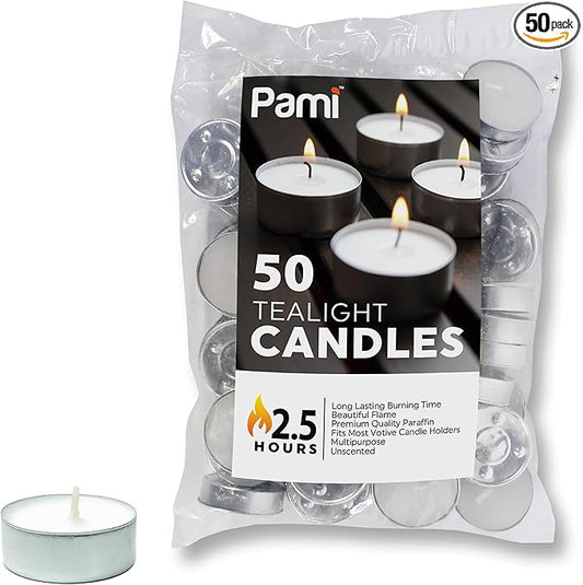 PAMI Unscented Paraffin 1in Tea Lights, Small Round Candles, 2.5 Hours Burn Time, Perfect for Votive Holders (50-Piece Bag White)