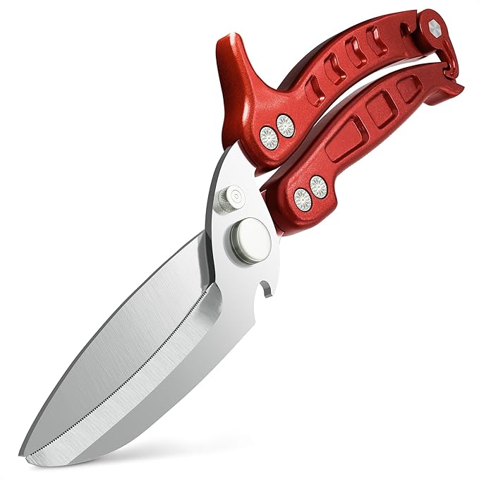 4-in-1 Kitchen Shears Heavy Duty – Sharp Fish, Seafood, Turkey & Chicken Scissors with Non-Slip Metal Handle & Micro-Serrated Blades for Meat – Spring-Loaded Bone Cutting Scissors with Safety Lock