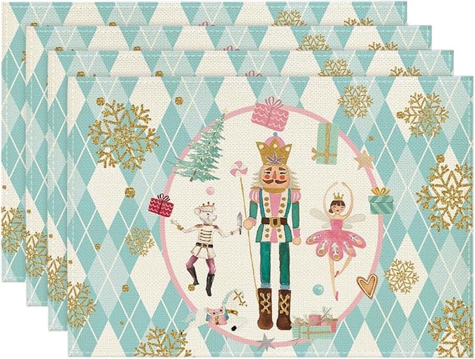 Blue Diamond Plaid Nutcracker Christmas Placemats Set of 4, 12x18 Inch