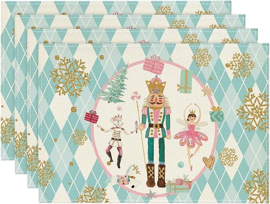 Blue Diamond Plaid Nutcracker Christmas Placemats Set of 4, 12x18 Inch