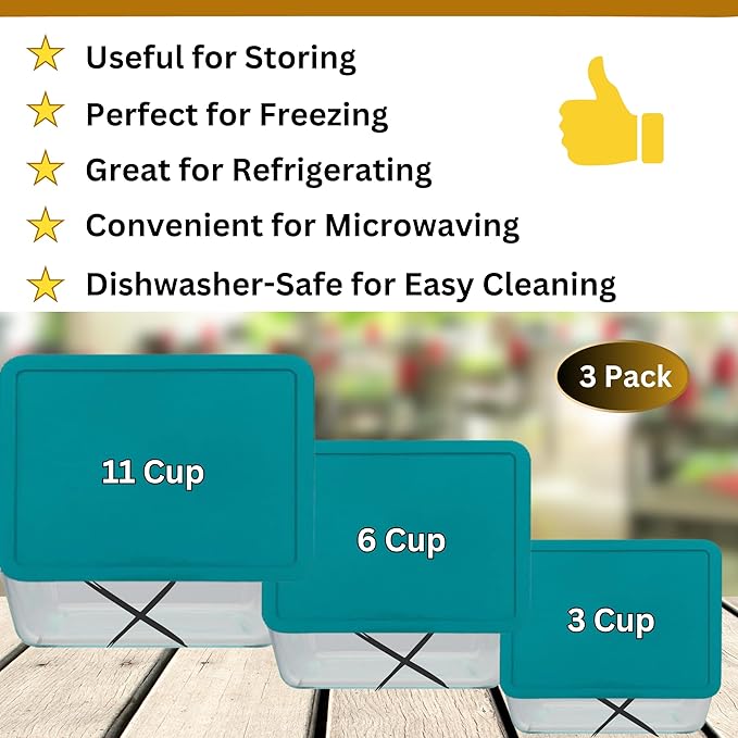 3, 6 & 11 Cup Turquoise Replacement Lids/Covers for Pyrex, Anchor Hocking & KlareWare Storage Bowls *Lids Only Glass Container Not Included* (3 Pack *One of Each Size*)