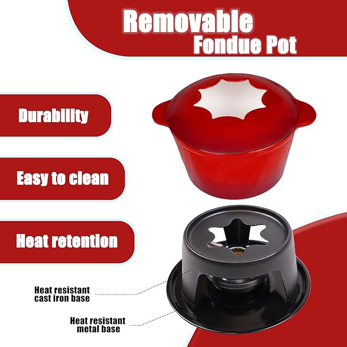 Mabeeze Cast Iron Fondue Pot Set for Cheese, Chocolate or Meat - Red Enameled 1.6 Qt Pot - Includes 6 Fondue Forks