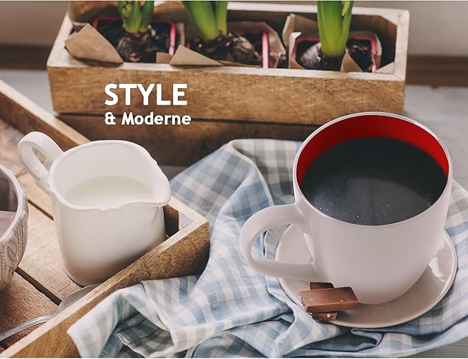 MIAMIO - Set of 6 Stoneware Coffee Mugs 12 Ounce/Cup Set - Le Papillon Collection (White-Red)