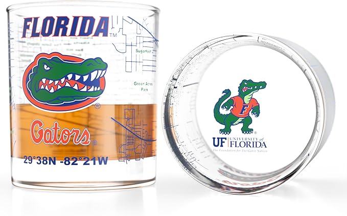 Greenline Goods – University of Florida Gators College Whiskey Glasses (Set of 2), 10 oz – Full-Color Logo + Campus Map