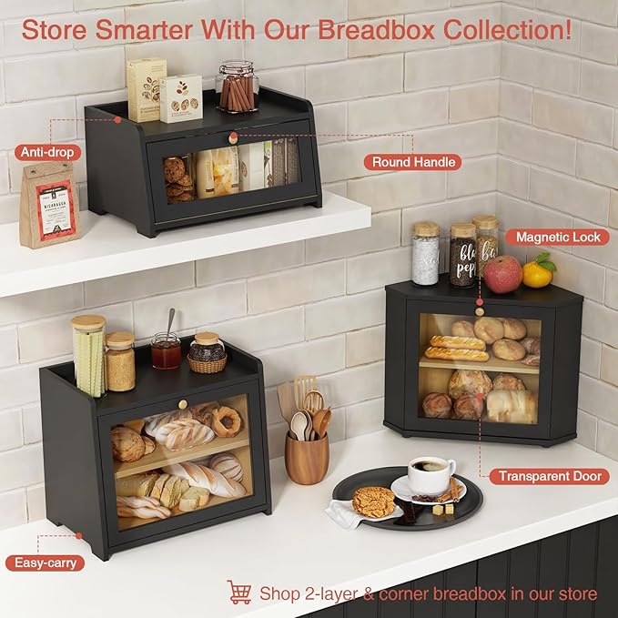Black Bread Box for Kitchen Countertop, Vintage Wooden Counter Breadbox, Homemade Bread Storage Container for Sourdough Loaf, Small Farmhouse Corner Kitchen Countertop Organizer for Cabinet