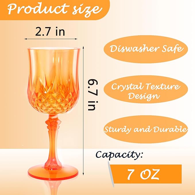 Plastic Wine Glasses，Orange Goblets Vintage Style Cordial Drinking Glasses for Wedding Reception, Halloween Grand Event Party Supplies (24, Pumpkin orange)