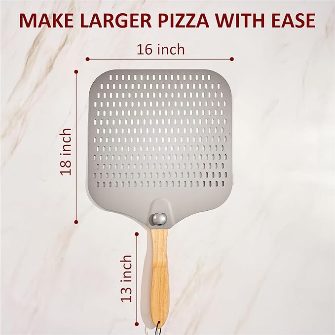 Pizza Peel 16 inch,16" Wx 18" L, Aluminum pizza peel with Foldable Wood Handle and Storage Bag, Non-perforated (16 inch Perforated)