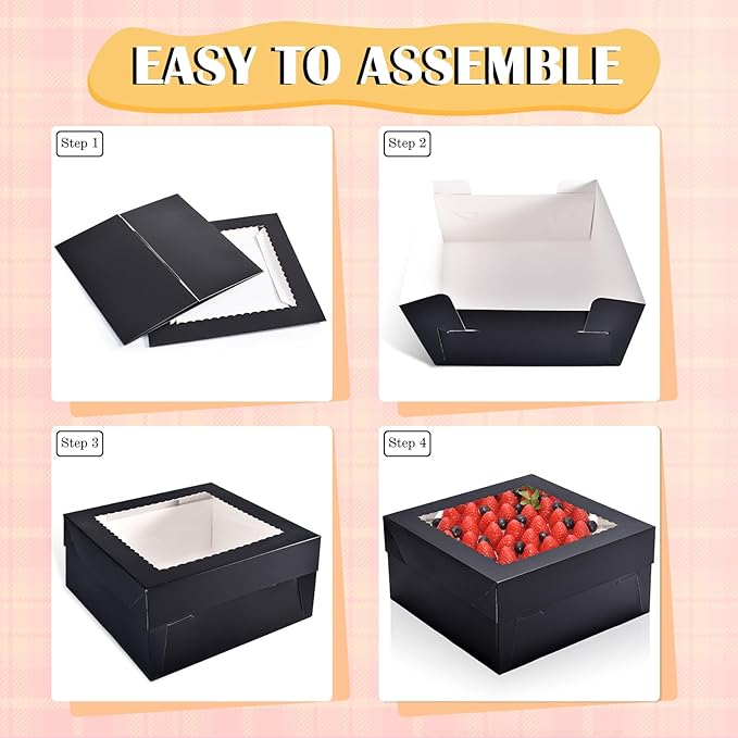 16Pcs 12x12x6 Inch Cake Boxes with Window, Black Bakery Boxes, Cake Carrier Container for Pastries, Pie, Cookies, Chocolates, Cupcakes, Birthday Party, Wedding