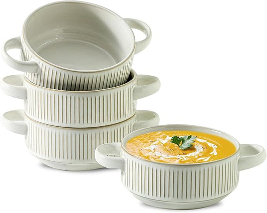 Soup Bowls with Handles, 20 oz French Onion Soup Crocks, Stackable Soup Bowl Oven Safe for Chili, Beef Stew, Embossment Ceramic Bowl Set - 5.4 Inch, Set of 4，Blue