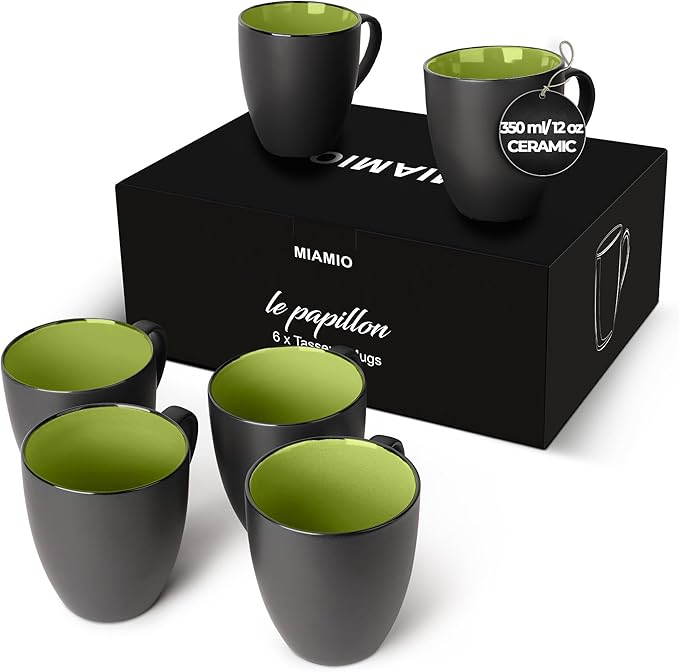 MIAMIO - Set of 6 Stoneware Coffee Mugs 12 Ounce/Cup Set - Le Papillon Collection (Black-Green)