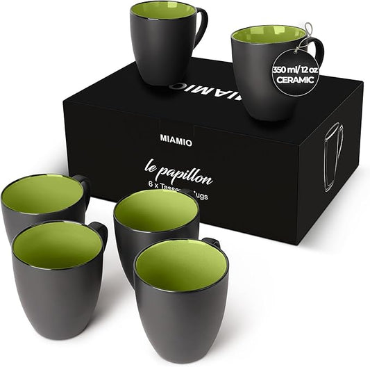 MIAMIO - Set of 6 Stoneware Coffee Mugs 12 Ounce/Cup Set - Le Papillon Collection (Black-Green)