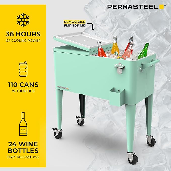 Permasteel 80 Quart Party Cooler, Rolling Ice Chest with Wheels and Handles for Indoor Outdoor Patio