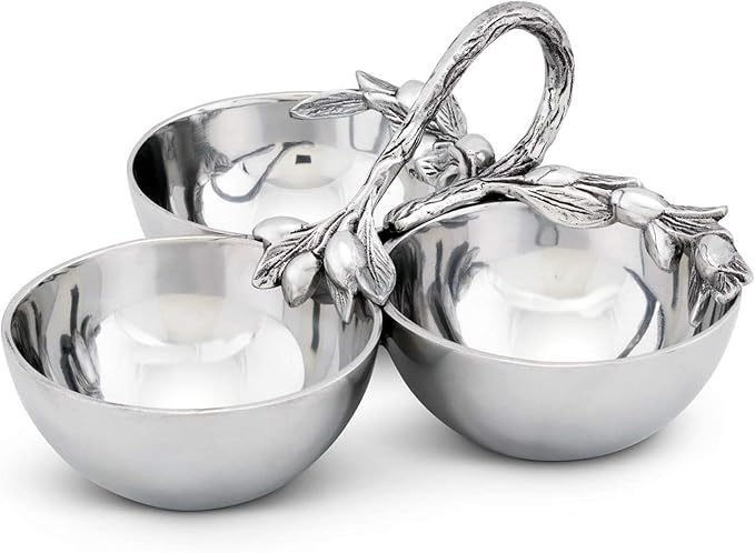 Arthur Court Sand-Cast Aluminum 3 Compartment Olive Pattern Condiment Serving Bowl 9 inch Diameter 4 inch Tall