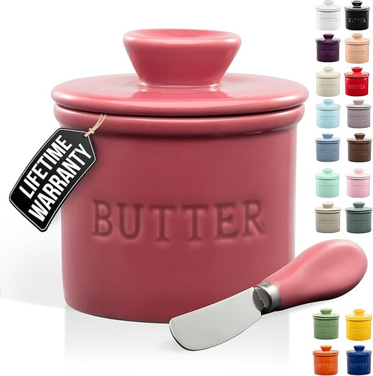 Zulay Kitchen Porcelain Butter Crock With Lid & Knife - Authentic French Butter Dish For Fresh & Spreadable Butter - Dragonfruit