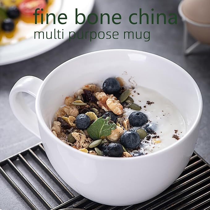 Chulan Large White Bone China Soup Coffee Mugs, 22 oz Lightweight Jumbo Porcelain Mugs Set of 2, Ceramic Extra Big Cups with Handles for Hot Drink Cereal Salads Desserts Coffee Tea Latte Cocoa Juice