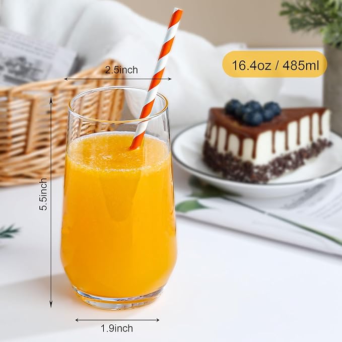 Drinking Glasses Set of 6, 16.4oz Highball Glasses, Crystal Clear Tall Glass Cups for Cocktail, Juice, Iced Tea, Mojito and Smoothies, Dishwasher Safe Glassware Set