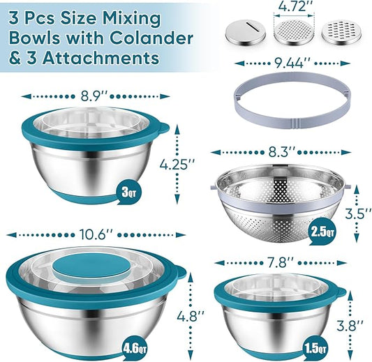 P&P CHEF Mixing Bowls with Lids Set of 3, Stainless Steel Mixing Bowl and Colander for Kitchen, 3 Grater Attachments & Non-Slip Bottoms, Visible & Airtight Lid, Blue