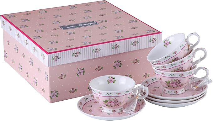London Boutique Coffee Tea Cup and Saucer Set 4 Shabby Chic Vintage Porcelain Bird Butterfly Flora Gift Box 7.5OZ (Rose Pink)