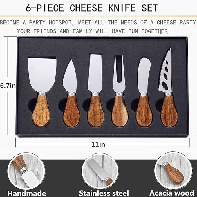 Premium 6-Piece Cheese Knife Set,Complete Stainless Steel Cheese Knives Collection (Acacia Wood Handle)-Charcuterie Boards Accessories,Gift-Ready