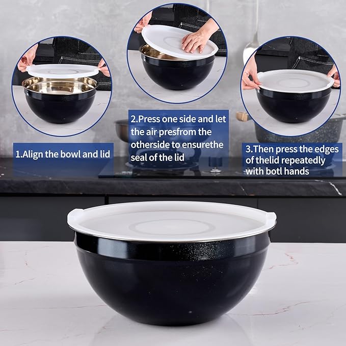 Black Mixing Bowls With Airtight Lids,Stainless Steel Bowl,Salad Bowls 7 Piece Colorful Nesting Bowl Black Kitchen Accessories,Size 7,3.6,2.7,2.1,1.5,1.1,0.8QT Stackable Design