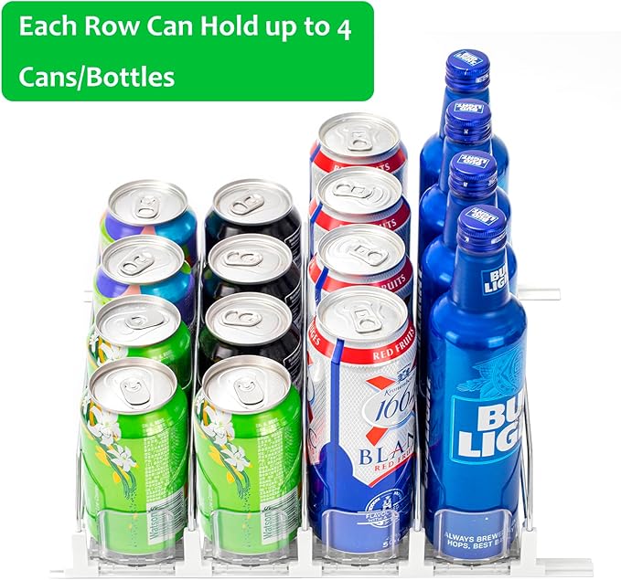 Rula Drink Organizer for Fridge, Self-Pushing Soda Can Dispenser for Mini Refrigerator, Width Adjustable Water Bottle Pusher Glide, White, 4 Rows,12.2” D