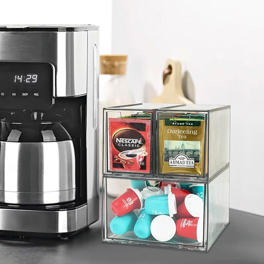 3 Tea and Coffee Organizer and Storage, Acrylic Tea Bag Holder Organizer, Plastic K Cup Drawer Container for Cabinet