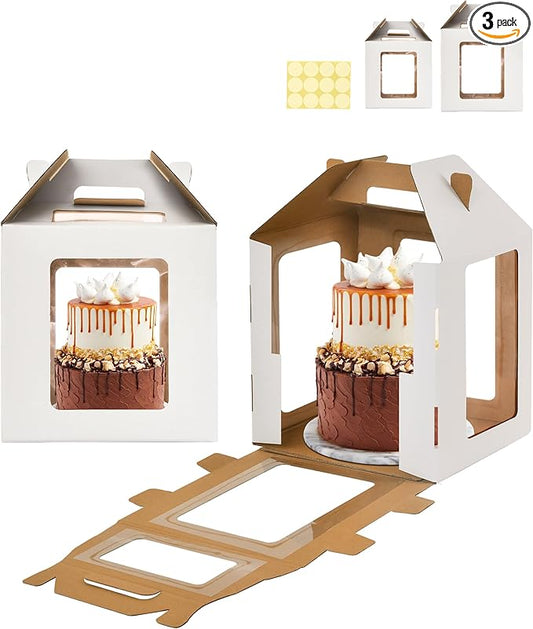 Tall Cake Boxes 6 Windows with handle, In 2 Size 10x10x10&12x12x12inch Cake Boxes for 12" & 14" Tiered Cakes,Square Cake Carrier,largeTake Out Transport Containers(2Pcs-White)