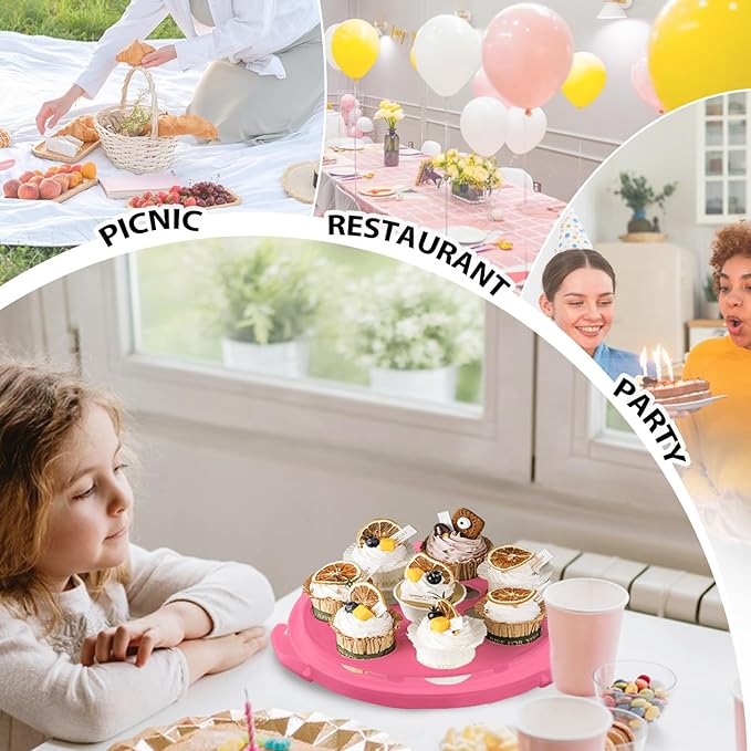 Pink Plastic Cake Carrier with Lid and Handle, Multipurpose Cupcake Holder Stand Serving Platter for 10'' Cake, Round Portable Dessert Storage Container Box with Cover for Pie Pizza Fruit Snack