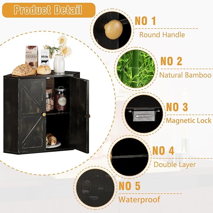 Corner Bread Box for Kitchen Counter Double Layer Bamboo Bread Storage Container Large Capacity Bread Storage Bin Farmhouse Breadbox Organizer (Antique Black)