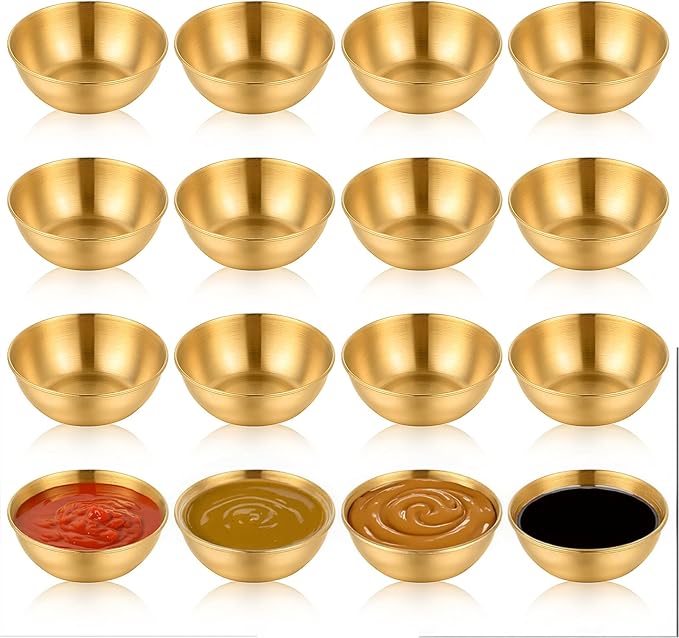 16 Pcs 3.5 inch Stainless Steel Sauce Dishes Mini Individual Saucers Bowl Round Seasoning Dishes Sushi Dipping Bowl Appetizer Plates (Gold)