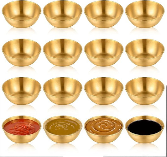 16 Pcs 3.5 inch Stainless Steel Sauce Dishes Mini Individual Saucers Bowl Round Seasoning Dishes Sushi Dipping Bowl Appetizer Plates (Gold)