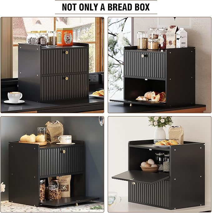 Rustic Bread Box for Kitchen Countertop Bamboo Bread Storage Container Bin Double Layer BreadBox Farmhouse Large Capacity Food Organizer Black
