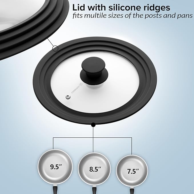 Universal Lid for Pots, Pans & Skillets Size 7", 8" & 9.5" Cookwares -Tempered Glass with Silicon Rim-Black