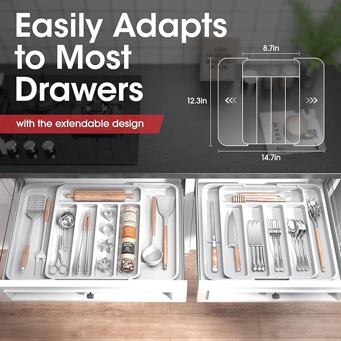Aujen Silverware Organizer - Expandable Kitchen Drawer Organizer, Adjustable Utensil Organizer, Cutlery Tray for Forks, Knives, Multipurpose Kitchen Organizers and Storage Solution, White, Medium