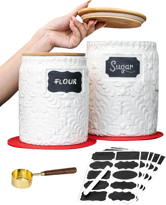 Ceramic Canister Set for the Kitchen Set of 2 - 94/52 Oz - Food Storage Containers, Airtight Bamboo Lid, Decorative Flour Sugar Coffee Canister, Food Container for Coffee, Flour, Sugar, Cookie Jar