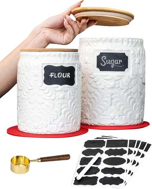 Ceramic Canister Set for the Kitchen Set of 2 - 94/52 Oz - Food Storage Containers, Airtight Bamboo Lid, Decorative Flour Sugar Coffee Canister, Food Container for Coffee, Flour, Sugar, Cookie Jar