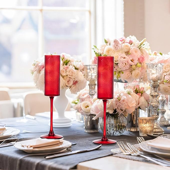 6 Pieces Red Champagne Flutes,6 OZ Twill Pattern Striped Vintage Stem Glasses Stemware Wine Glasses Champagne Long Stem Drinking Colored Glasses Goblets for Wedding Cocktail Cups,Cava, Prosecco