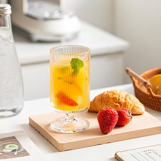 INSETLAN Set of 8 Ribbed Glass Goblets–4 Goblets Glassware 12oz, 4 Short Stem Wine Glasses 10oz, Vertical Stripe Stemmed Glassware, Ideal for Juice, Water, Iced Coffee, Whiskey, Mixed Drinkware