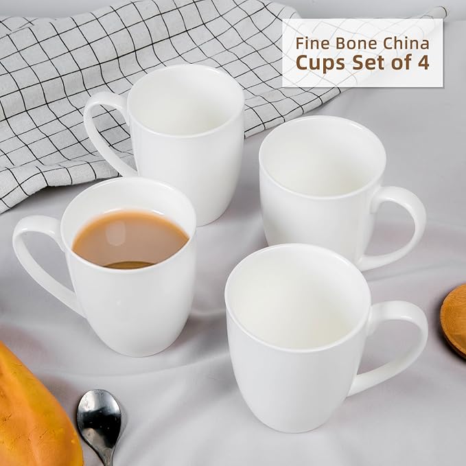 Plain White Fine Bone China Blank Coffee Mugs Set of 4, 11 Oz Tea Cups with Large Handle, Lightweight Ceramic Coffee Mugs, Aesthetic Coffee Cups