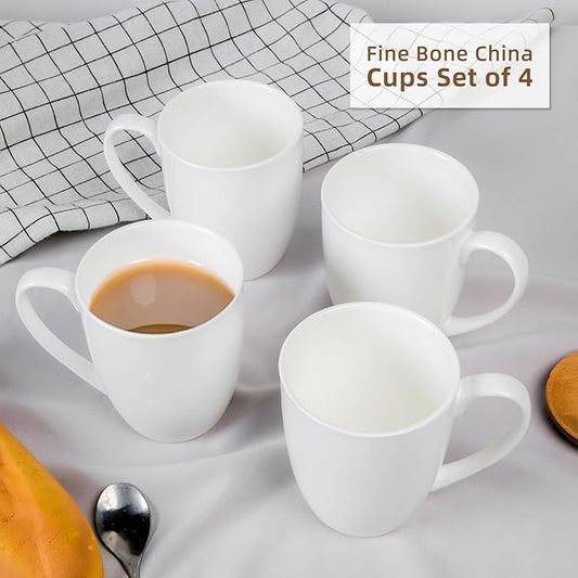 Plain White Fine Bone China Blank Coffee Mugs Set of 4, 11 Oz Tea Cups with Large Handle, Lightweight Ceramic Coffee Mugs, Aesthetic Coffee Cups