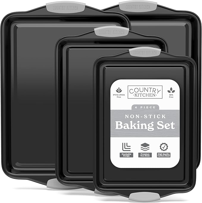 Country Kitchen Nonstick Stackable Bakeware Set - Heavy Duty, Durable, Easy Release Baking Set, Grey, 4 Pcs