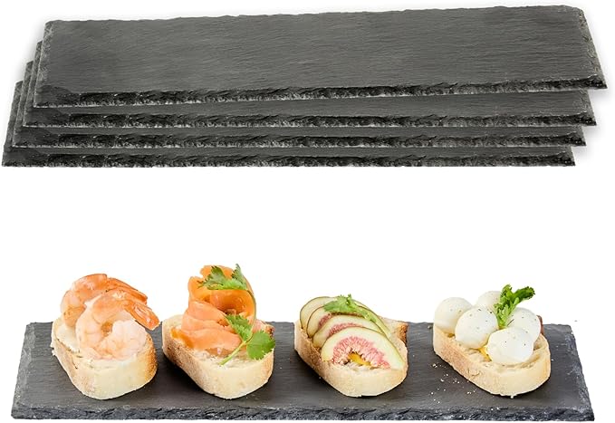 Restaurantware Slate Serving Tray 1 Pack of 11.8" x 4" Foam Feet Charcuterie Stone Plate Rustic Edges Freezable Black Serving Display Cheese Boards for Kitchen, Gourmet, Dining, Parties
