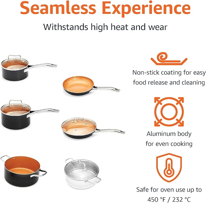 Amazon Basics Ceramic Nonstick Pots and Pans Cookware Set, Dishwasher & Oven Safe, Even Heating, 10-Piece Set, Copper Color