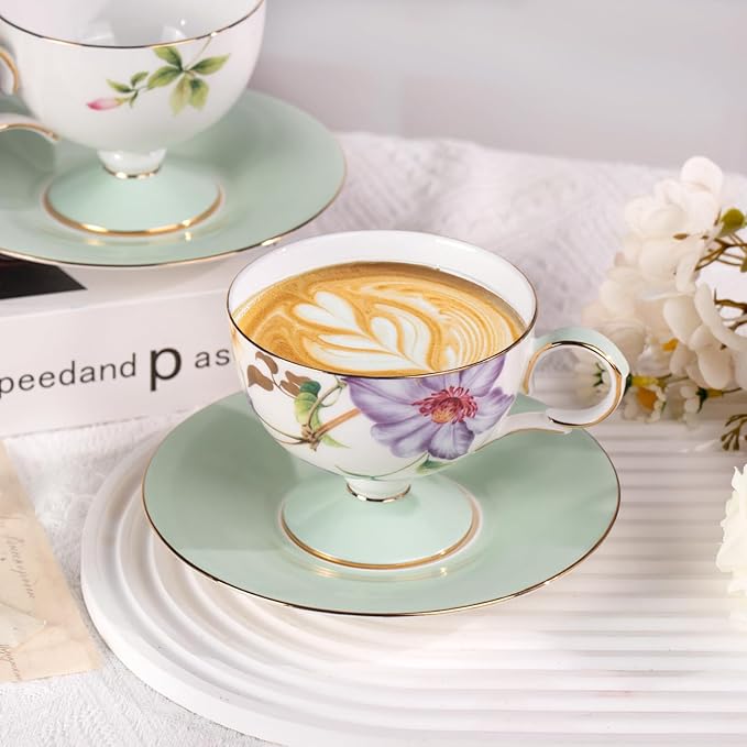 KAMMAK Ceramic Tea Cup and Saucer Set with Gold Trim, Passionflower & Crabapple Blossom Pattern, 220ml Elegant Bone China Coffee Cup with Mint Green Saucer for Afternoon Tea, Gift for Women