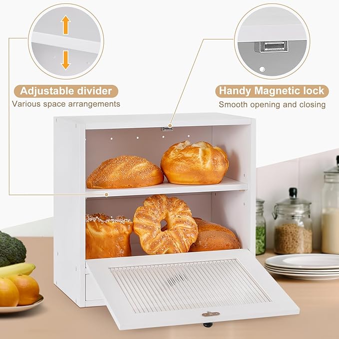 Sunhoo Bread Box for Kitchen Countertop Bin 2 Layer Wooden Bread Storage Breadbox Holder Large Capacity Container Bread Organizer Farmhouse Keeper Shelf with Drawer Acrylic Window (White