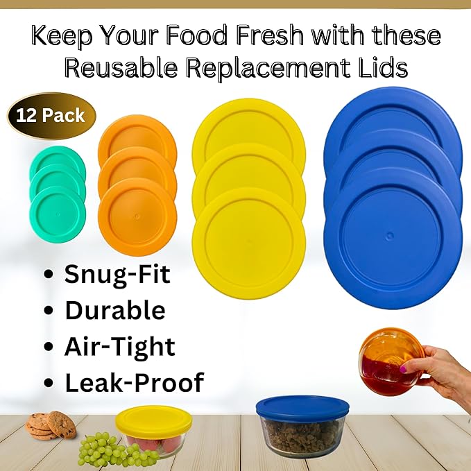 1, 2, 4 & 7 Cup Green, Orange, Yellow, Blue Replacement Lids/Covers for Pyrex, Anchor Hocking & KlareWare Storage Bowls *Lids Only Glass Container Not Included* (12 Pack *Three of Each Size*)